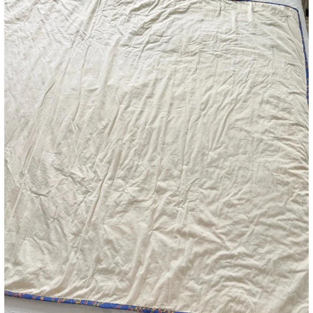 VTG Handmade Patchwork Quilt Throw Twin Purple Cream Tied Cottagecore 1990